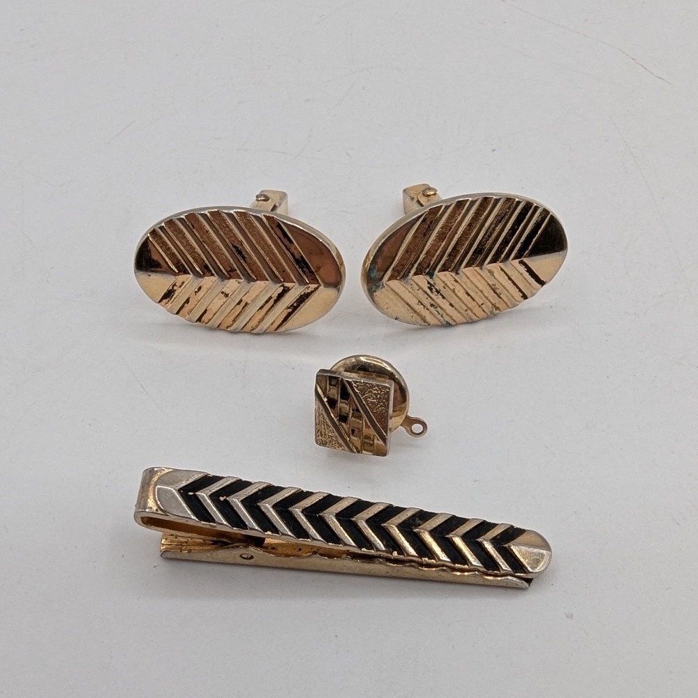 Vintage Anson Gold Tone Black Enamel Cufflinks Tie Clip Lapel Pin Set MCM Mens